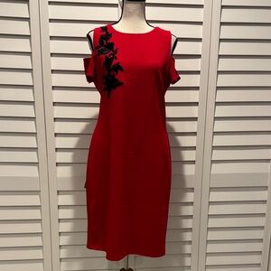 Neiman Marcus Red Midi cold shoulder Dress with Black Floral Accents.